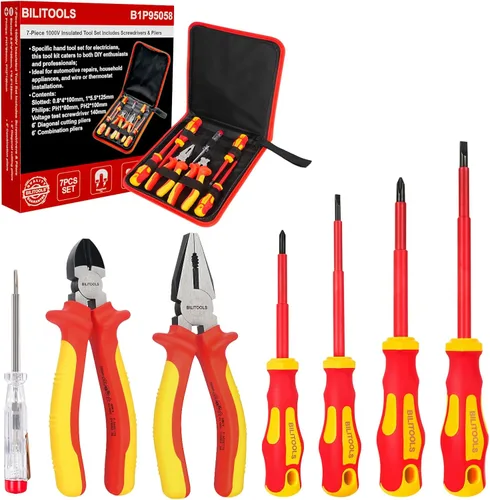 BILITOOLS Juego de destornilladores y alicates para electricistas aislados de 1000 V - Kit de 7 herramientas eléctricas con destornilladores