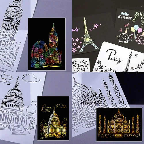 Miniatura 6 de GORGECRAFT Plantilla de dibujo de plástico A4 de 10 estilos A4, plantillas de edificios de ciudades famosas, paisaje de paisaje reutilizable