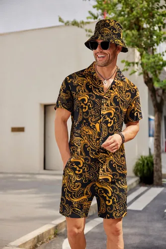 Miniatura 2 de COOFANDY Conjunto de camisa hawaiana y pantalón corto para hombre, traje de playa de 2 piezas con sombreros de pescador