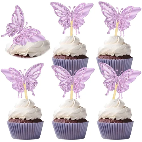 Miniatura 10 de Chinco 48 piezas de decoración de pastel de mariposa, decoración de cupcakes de doble capa ensamblada, decoración de pastel de 3D con purpurina