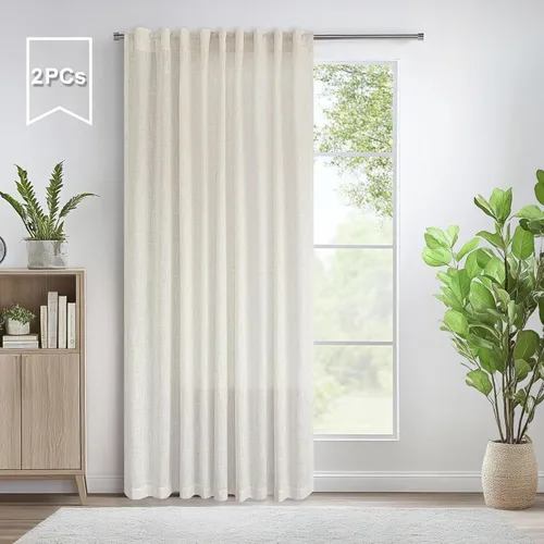Miniatura 102 de Cortinas de lino gris claro, 2 paneles, presillas traseras, bolsillo para cortinero, semitraslúcidas, ahorran energía, estilo rústico, arpillera