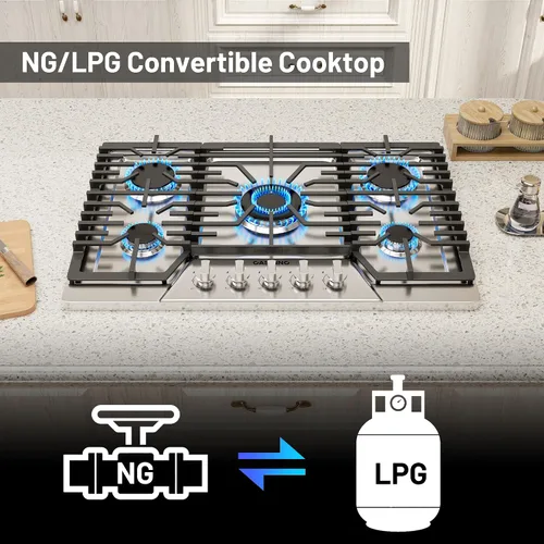 Miniatura 7 de CASAINC Estufa de gas de 30 pulgadas con 5 quemadores de alta potencia, estufa de gas de acero inoxidable 304 incorporada, convertible a NG/LPG