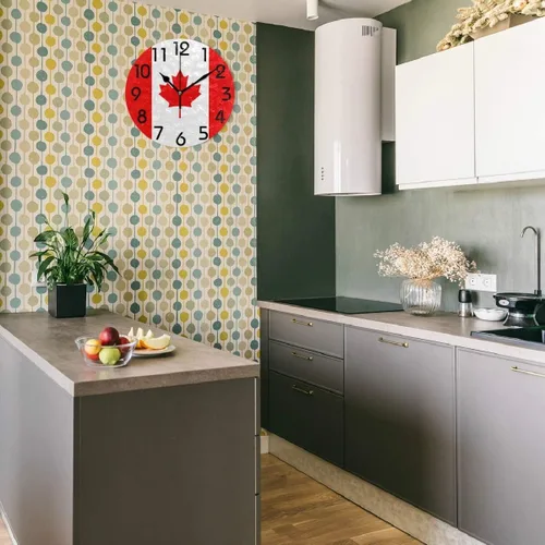 Miniatura 4 de Naanle Elegante reloj de pared redondo con estampado de bandera de Canadá, 9.5 pulgadas, funciona con pilas, reloj de escritorio analógico Coral