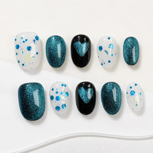 Miniatura 20 de Sun&Beam Nails Uñas a presión hechas a mano medianas con diseño de concha rosa metálica con acabado brillante, 10 piezas para uso diario y ocasiones