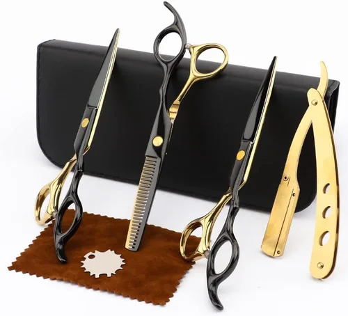 Miniatura 2 de Tijeras profesionales de peluquería de oro negro juegos de corte de pelo salón tijeras rectas multifuncionales Tijeras de dientes Tijeras