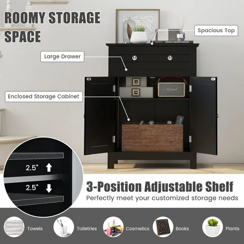 Miniatura 5 de COSTWAY Armario de suelo de baño, organizador de almacenamiento lateral de madera con cajón más grande, estante ajustable y armario de 2 puertas