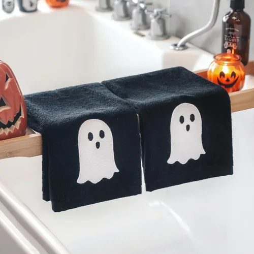 Miniatura 2 de Juego de 2 toallas de mano de Halloween, 100% algodón bordado negro y blanco fantasma, toallas de cocina y baño, 14 x 29 pulgadas
