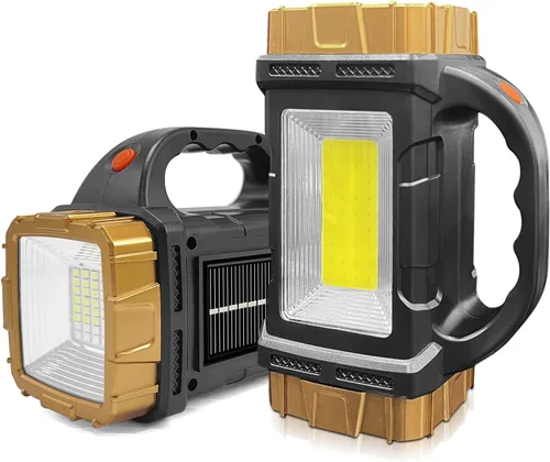 Pack de 2 linternas solares de alto lúmenes recargables impermeables para exteriores, foco LED para trabajo, búsqueda, linterna para camping y