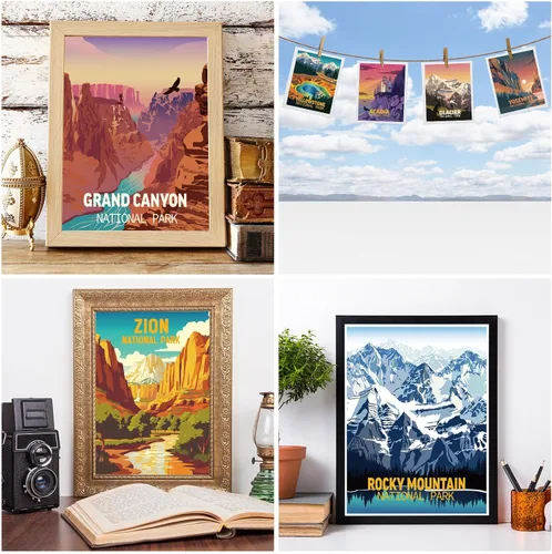 Miniatura 4 de Outus Juego de 9 pósteres de arte vintage del parque nacional, arte de la naturaleza y la montaña, juego de impresiones abstractas de viaje sin