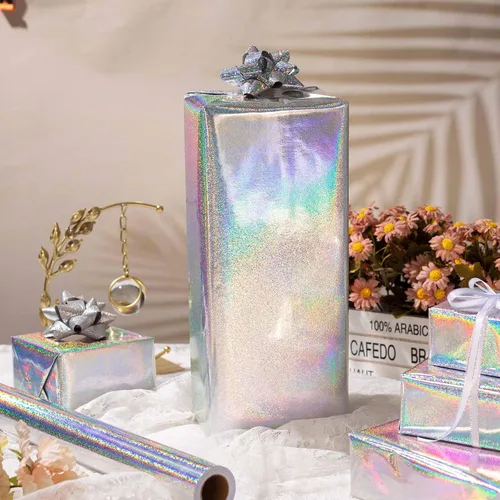Miniatura 3 de Burymento Rollo de papel de regalo plateado, papel de regalo de punto holográfico metálico para cumpleaños, San Valentín, día de la madre