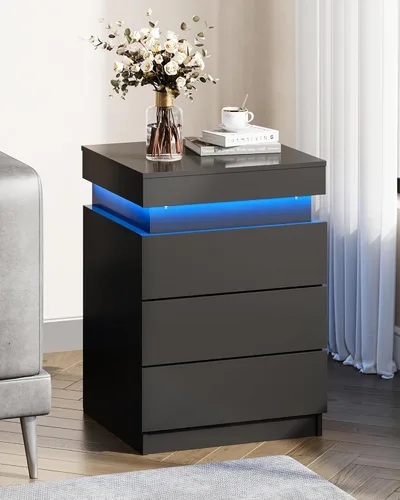 Miniatura 9 de WLIVE Mesita de noche con estación de carga y luces LED, moderna mesita de noche con 3 cajones y parte superior deslizante, mesa auxiliar con Negro