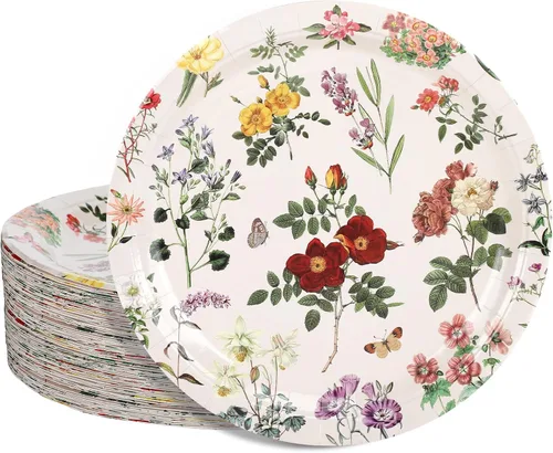 Miniatura 7 de Uiifan 36 platos de papel florales desechables vintage de 9 pulgadas, platos de postre de flores de primavera para jardín, fiesta de té, boda