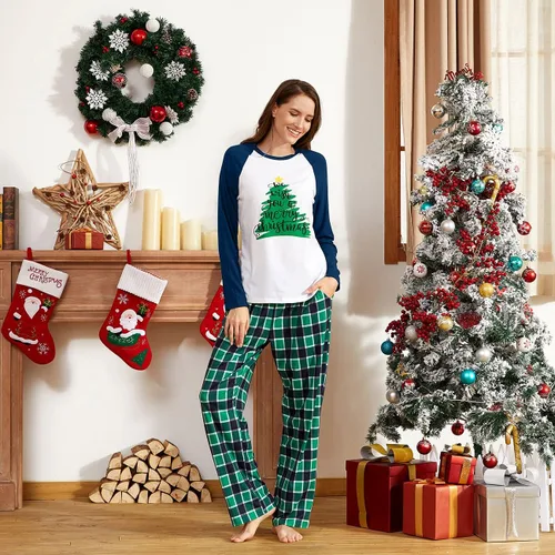 Miniatura 3 de IFFEI Conjunto de pijamas familiares de Navidad, camiseta con estampado de letras y pantalones a cuadros, con bolsillos