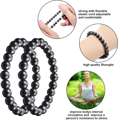 Miniatura 7 de Hicarer 2 pulseras de shungita negras con cuentas de shungita, piedras elásticas de cristal, joyería energética, poderoso defensor espiritual
