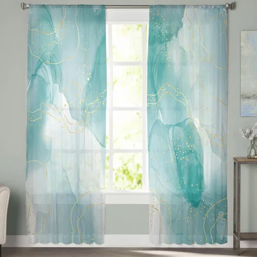 Miniatura 3 de Sheer Curtains 63 Inch Long Teal Marble Golden Lines Modern Ombre Abstract Rod Pocket Voile Semi-Sheer Window Treatment Drapes for Bedroom Nursery