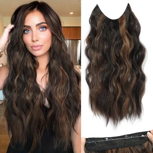 Miniatura 59 de Extensiones de cabello con halo de 12 pulgadas con alambre invisible, cabello largo ondulado ajustable, sintético, mejora con 4 clips de seguridad
