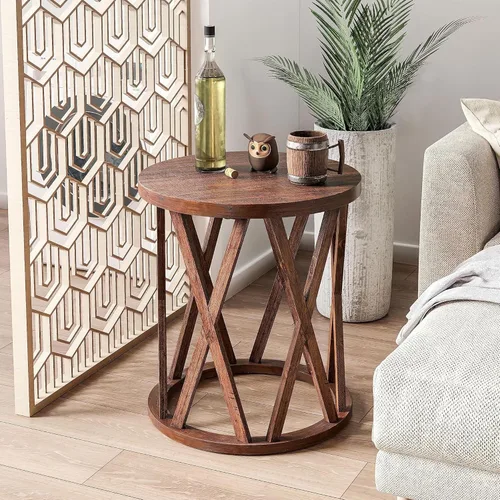 Miniatura 8 de COZAYH Mesa auxiliar de granja, mesa auxiliar redonda rústica con patas de motivos en X, parte superior texturizada de madera, para estilo bohemio