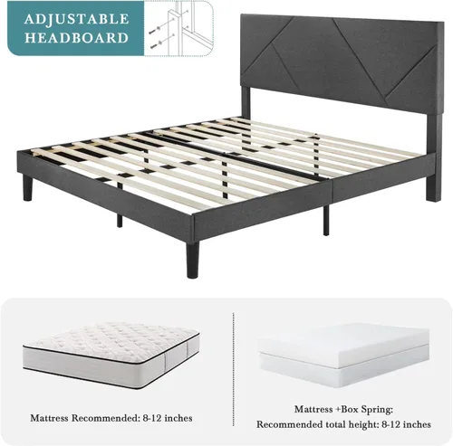 Miniatura 5 de HOOMIC Base de cama tamaño King, plataforma tapizada con cabecera de tela geométrica, espacio de almacenamiento debajo de la cama de 8 pulgadas