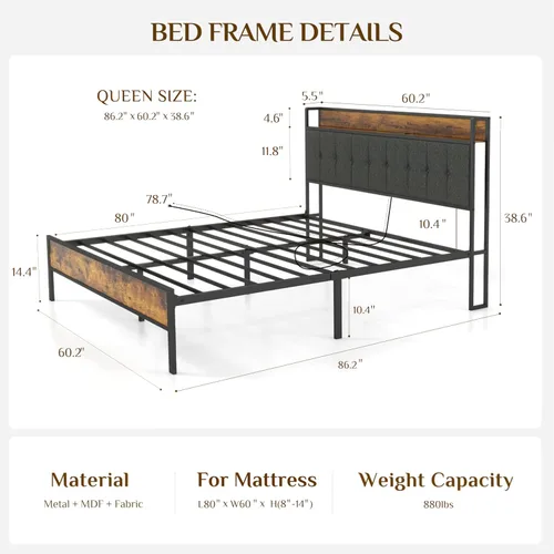 Miniatura 2 de Base de cama de plataforma tamaño Queen con cabecera tapizada y puertos USB para carga, sin somier, soporte fuerte y sin ruido, fácil montaje Marrón