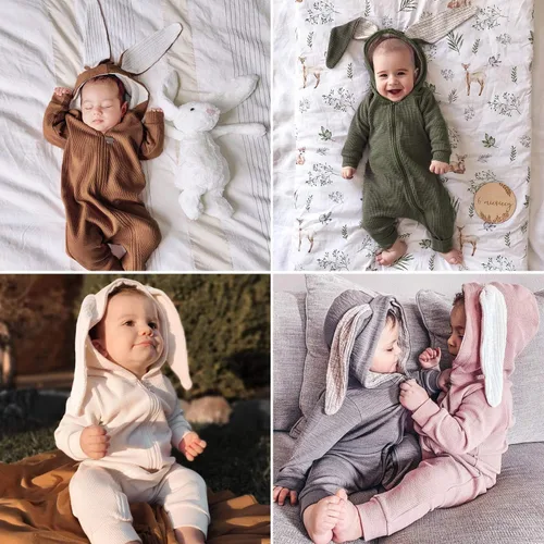 Miniatura 27 de Simplee Kids Enterizo con diseño de conejo de Pascua con capucha, para bebé, overol con cremallera y orejas largas