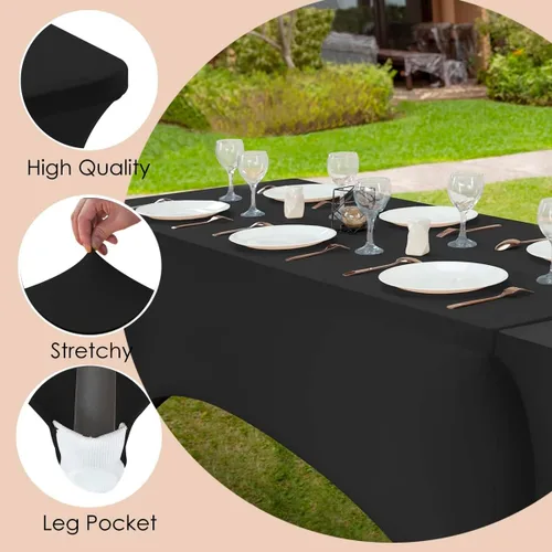 Miniatura 4 de Paquete de 2 manteles de elastano negro de 6 pies – Manteles ajustados – Mantel elástico de ajuste universal para mesas plegables – Sin arrugas