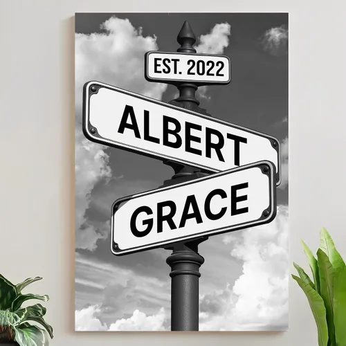 Miniatura 18 de Mapileng Lienzo personalizado de Crossroads Street Sign para parejas, nombres personalizados y fecha, arte de pared vintage, regalo del día de San