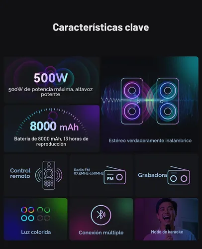 Miniatura 8 de GKD60 - Máquina de karaoke con 2 micrófonos inalámbricos para adultos, altavoz portátil de fiesta Bluetooth, sistema PA de potencia máxima de 500 W