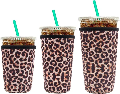 Miniatura 12 de YR Funda aislante de neopreno reutilizable para tazas de café helado, paquete de 3 fundas para bebidas heladas y calientes, enfriador de bebidas