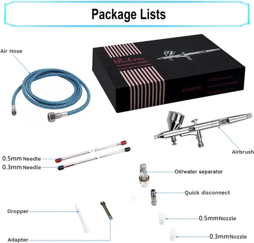 Miniatura 6 de Pinkiou Kit de aerógrafo con diferentes boquillas y agujas, juegos de aerógrafo de doble acción multipropósito con cepillo de aire 0.2 0.3 y 0.020