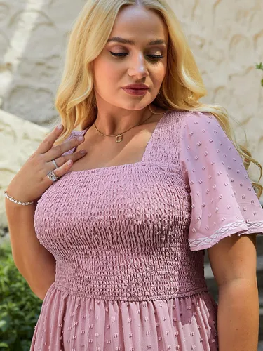 Miniatura 6 de Glamaker Vestido de Verano Casual de Manga Corta con Cuello Cuadrado Fruncido Talla Grande para Mujer Vestido Midi Suelto Línea A Vestido Largo