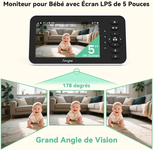 Miniatura 5 de Simyke Monitor de video para bebé con cámara y audio, pantalla de 5 pulgadas, 720P, sin WiFi o modo de aplicación gratuita, zoom panorámico