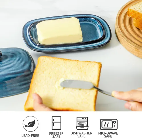 Miniatura 3 de glowworm Mantequillera de cerámica con tapa, plato de mantequilla de 7.3 pulgadas con asa, platos de mantequilla de granja para encimera, decoración