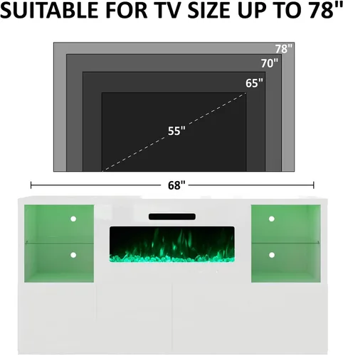 Miniatura 6 de AMERLIFE Soporte de TV con chimenea de 68 pulgadas con chimenea de 40 pulgadas, moderno centro de entretenimiento con chimenea de alto brillo