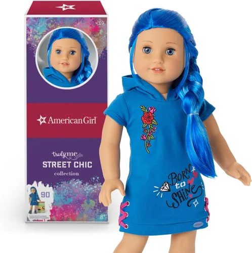 Muñeca American Girl Truly Me de 18 pulgadas #90 con ojos azules, cabello largo azul y piel de ligera a media en vestido de patinadora, para edades
