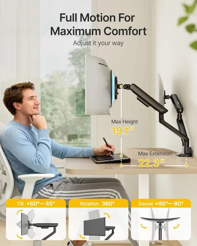 Miniatura 6 de monTEK Brazo de monitor dual con resorte mecánico para pantallas de 17 a 35 pulgadas, aluminio de grado aeroespacial, abrazadera en C y soporte
