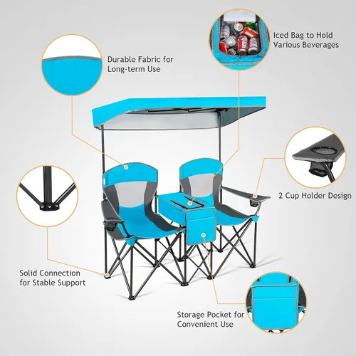 Miniatura 5 de DORTALA Silla de camping doble con toldo, silla de playa plegable para 2 personas con toldo para dosel, soporte para bebidas y bolsa de Azul