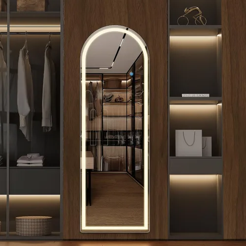 Miniatura 3 de Espejo arqueado de cuerpo entero con luces LED, espejo de piso de 60"x16" con soporte, espejos corporales de piso con atenuación e iluminación de 3