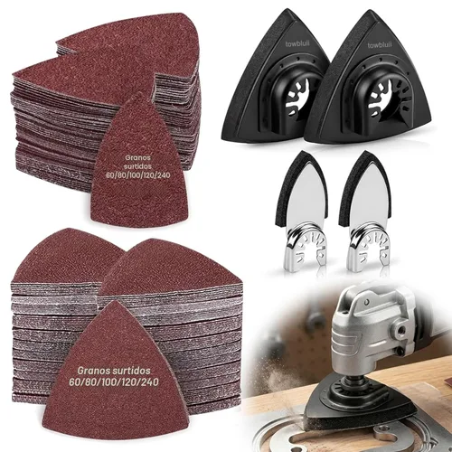 Miniatura 2 de Kit de 104 almohadillas de lijado de detalles para herramientas oscilantes, 2 almohadillas de lijado triangulares y 2 almohadillas de lijado