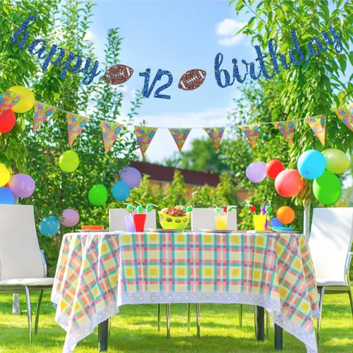 Miniatura 4 de Cartel de feliz cumpleaños de 1/2, decoraciones de cumpleaños con temática de fútbol americano, 6 meses, suministros para fiestas de cumpleaños