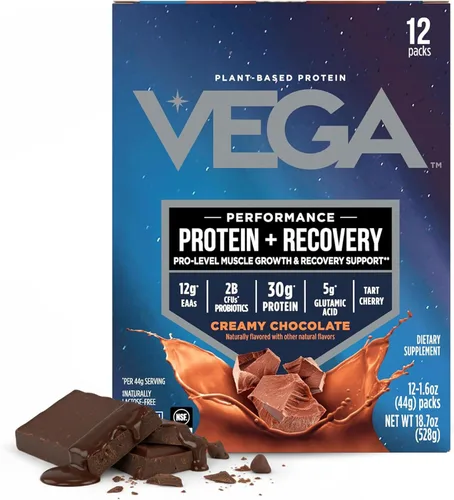 Vega Protein + Recovery - 30 g de proteína vegetal por porción, chocolate, 12 sobres de 1.6 oz, 5 g de BCAA, probióticos, certificado NSF, para