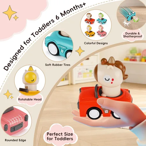 Miniatura 5 de Juguete de coche Press and Go para niños pequeños de 1 a 3 años, auto de empuje de animales alimentado por fricción, no necesita pilas, sin BPA