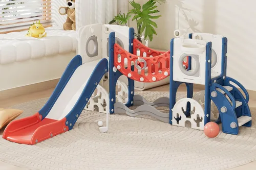 Miniatura 7 de Conjunto de juegos de parque infantil para niños pequeños con arco de escalada, juego de golf, tobogán y aro de baloncesto - Juguetes