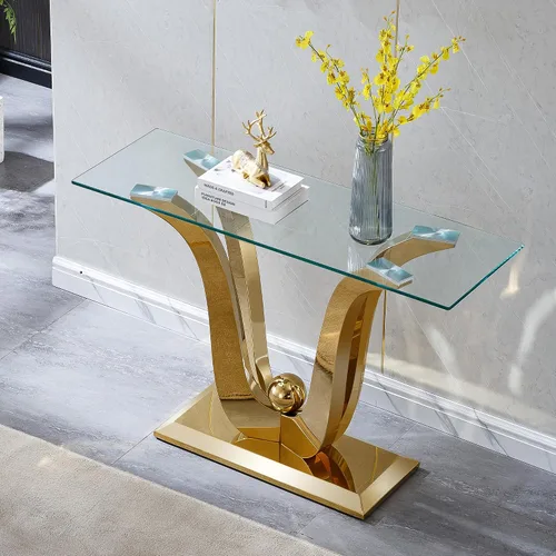 Miniatura 35 de Mesa de centro de cristal de lujo, mesa de centro de sofá de 47 pulgadas con marco de acero inoxidable dorado y parte superior de vidrio negro, mesa