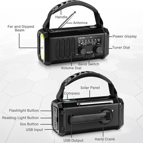 Miniatura 8 de Radio de emergencia con manivela de 10000 mAh, radio meteorológica NOAA con radio AM/FM y solar, batería recargable, linterna y luz de lectura