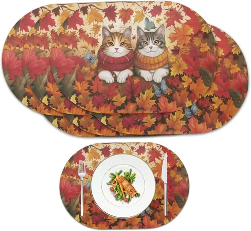 Miniatura 32 de Non Slip Placemats Set of 6 Pumpkin Mushroom Theme Waterproof Wipeable Faux Leather for Thanksgiving Family Feast Heat Resistant Dining Table Mats