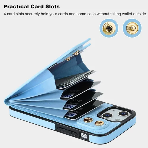 Miniatura 4 de Folosu Funda compatible con iPhone 13 Mini con soporte para tarjetas, rotación de 360°, soporte de anillo de dedo con función atril, protección Azul