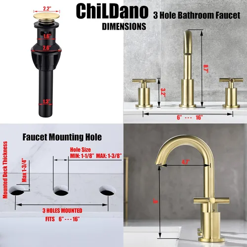 Miniatura 2 de ChiLDano CH2133BG - Grifo de baño de latón cepillado de 8 pulgadas, 2 manijas de latón con 3 agujeros para fregadero con válvula y montaje