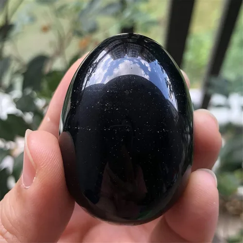 Miniatura 2 de Fekuar Figura de huevo de piedra, cristal curativo pulido, escultura de esfera con soporte de madera, obsidiana negra natural, 1.8 pulgadas