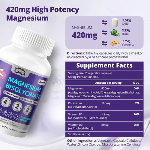 Miniatura 7 de 420 mg de bisglicinato de magnesio L-treonato aminoácido suplemento quelado con vitamina y potasio Fórmula de alta absorción para relajación