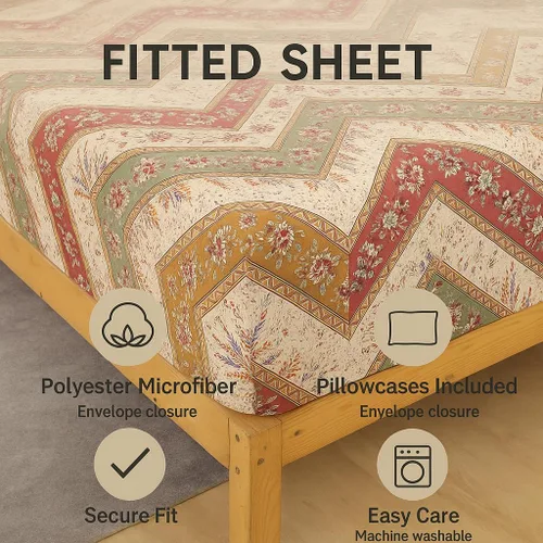 Miniatura 3 de DaDalogy Bedding - Sábana bajera ajustable con diseño floral botánico con funda de almohada, patrón de filigrana de cachemira cheurón bohemio